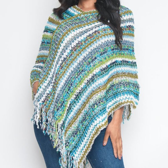 BLUE MULTI COLOR KNIT PONCHO FALL SEASON STRIPED S - Picture 1 of 4